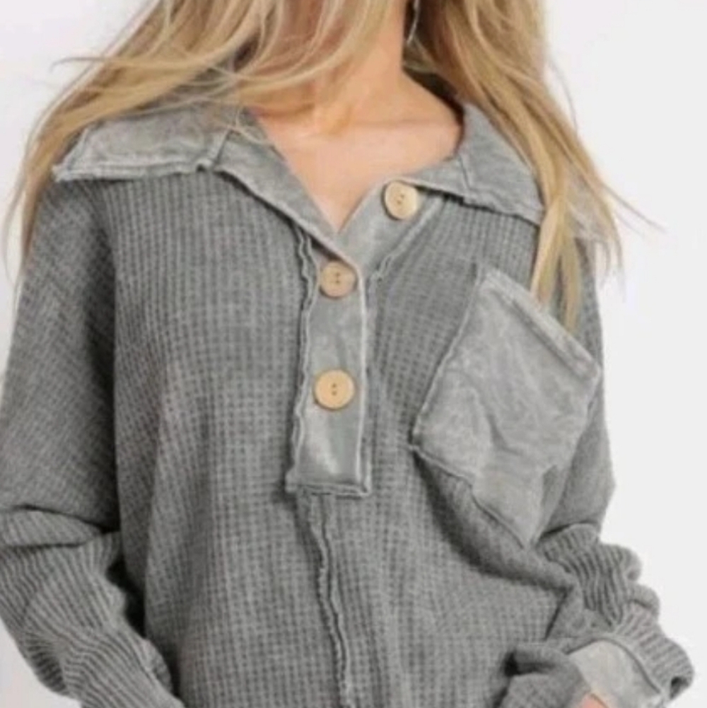 Blue Buttercup USA Lagenlook Oversized Waffle Knit Tunic Top Gray Mineral Washed